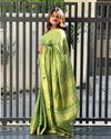 Hand Dyed Pure Tissue Linen Saree Moss Green Color With Running Blouse-Indiehaat