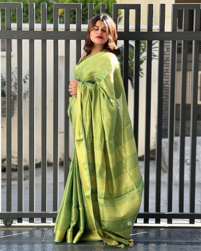 Hand Dyed Pure Tissue Linen Saree Moss Green Color With Running Blouse-Indiehaat