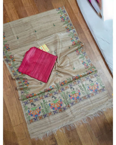 Silkmark Tussar Beige Madhubani Colorful Dupatta & Pink Top
