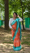 Kota Silk Saree Orange & Light Sea Green Color Batik Print with running blouse-Indiehaat