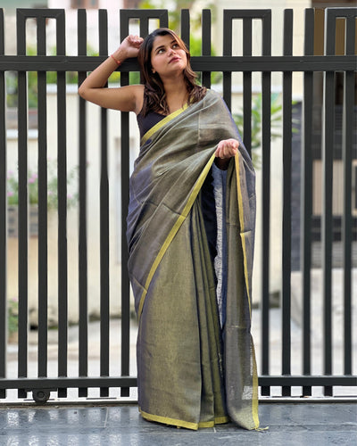 Hand Dyed Pure Tissue Linen Violet Color Saree With Running Blouse Hand Dyed - IndieHaat