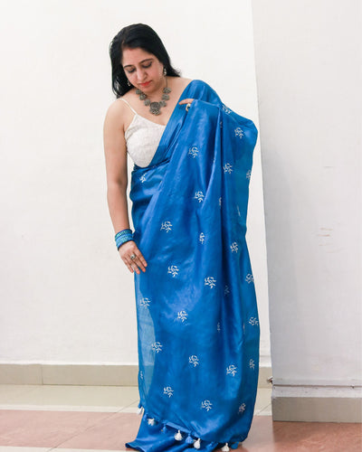 Silkmark Pure Tussar Vivid Embroidered Blue Saree