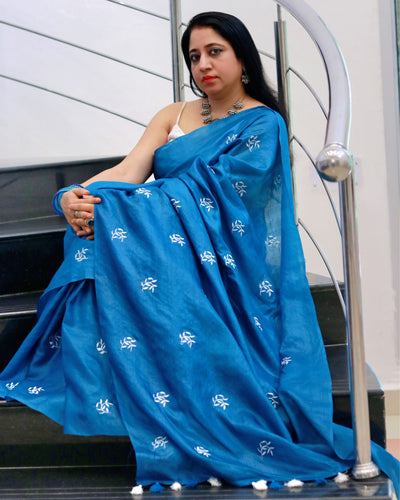 Silkmark Pure Tussar Vivid Embroidered Blue Saree