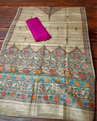 Silkmark Tussar Beige Madhubani Vibrant Dupatta & Violet Top
