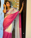 Elegant Pure Linen Saree Hand Embroidered White & Pink