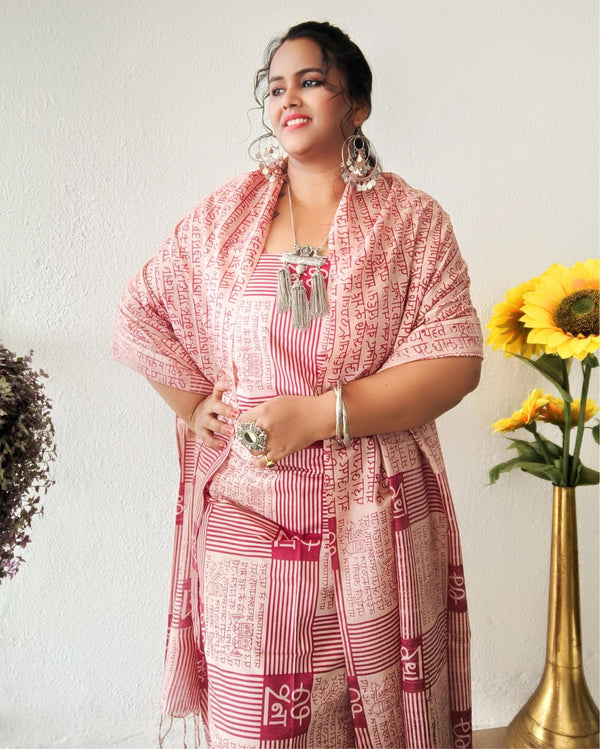 Katan Silk Handblock Printed Suit Piece Beige And Red Color with Bottom and Dupatta Handcrafted-Indiehaat