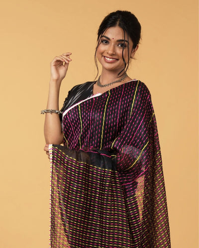 Shining Pure Linen Kantha Work Saree Black