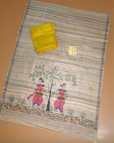 Silkmark Tussar Beige Madhubani Poetic Dupatta & Yellow Top