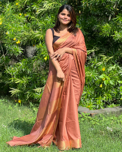 Handloom Jayashree Silk Saree Light Brown Colour with Running Blouse-Indiehaat