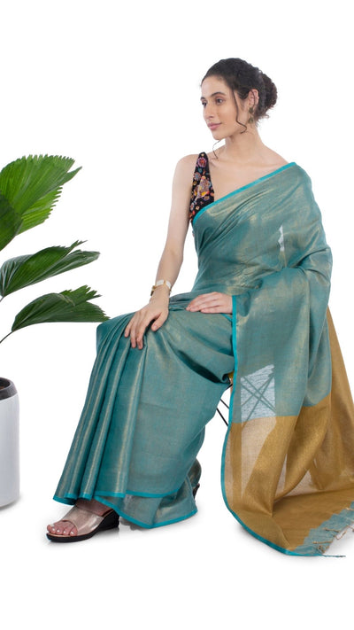 Tissue Linen Green Saree Gold Shimmer Pallu