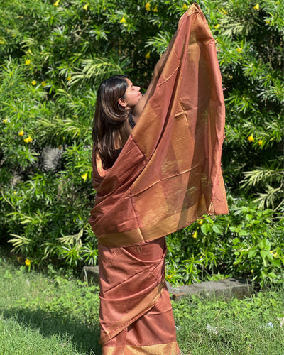 Handloom Jayashree Silk Saree Light Brown Colour with Running Blouse-Indiehaat