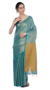 Tissue Linen Green Saree Gold Shimmer Pallu