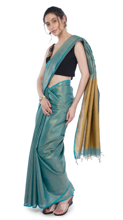 Tissue Linen Green Saree Gold Shimmer Pallu