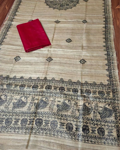 Silkmark Tussar Beige Madhubani Whimsical Dupatta & Red Top