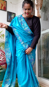 Silkmark Certifiied Pure Tussar Hand Cutwork Blue Saree (Tussar by Tussar Fabric)-Indiehaat