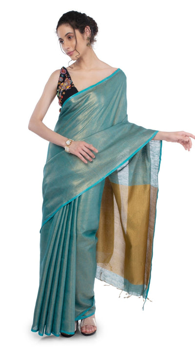 Tissue Linen Green Saree Gold Shimmer Pallu