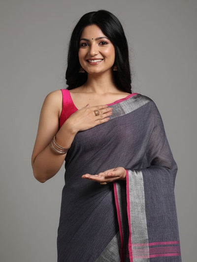 Intriguing Handwoven Pure Linen Black Saree