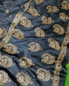 Chanderi Cotton Saree Block Print Black Color with running blouse-Indiehaat