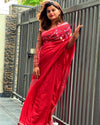 Pure Linen Handloom Saree Dark Pastel Red Color Hand Embroidered with Running Blouse-Indiehaat