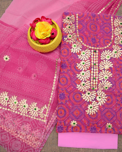 Indiehaat|Kota Doria Gota Patti Pink Suit(Top+Bottom+Dupatta)