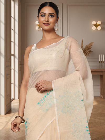 Earthy Kota Doria Cotton Bel Embroidery Off White Saree Handdyed