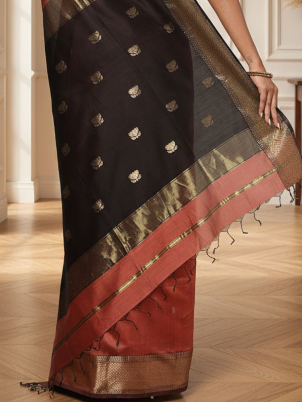 Quaint Pure Maheshwari Silk Handloom Saree Brown & Black