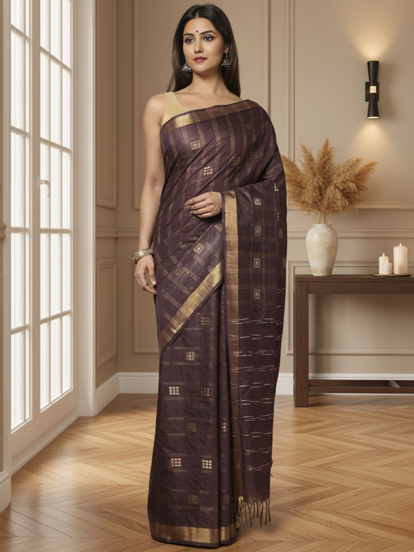 Gilded Hue Kota Silk Zari Stripe Saree Brown