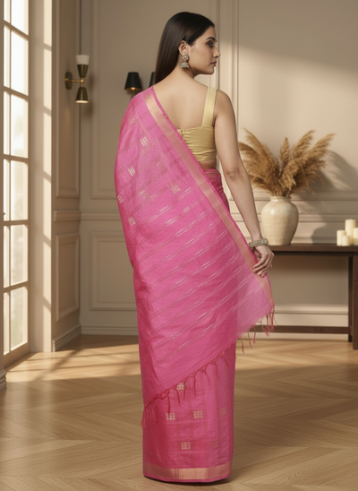 Gilded Hue Kota Silk Zari Stripe Saree Pink