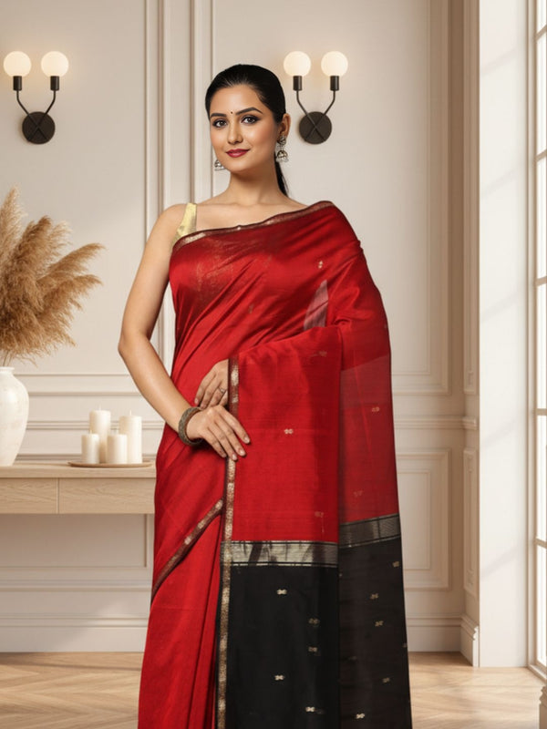 Joyful Pure Maheshwari Silk Handloom Saree Black & Red