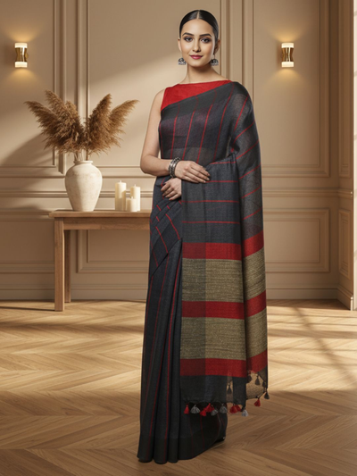 Bold Handwoven Pure Linen Gray Saree Striped Design