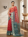 Craft Couture Kota Doria Blockprint Red & Sea Green Saree