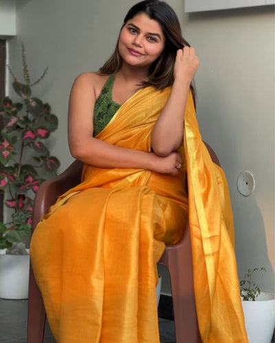 Gleaming Pure Tissue Linen Yellow Handdyed Saree