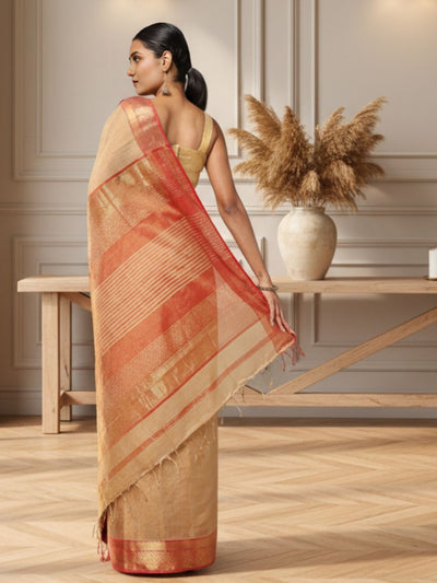 Splendid Maheshwari Tissue Silk Handwoven Saree Golden