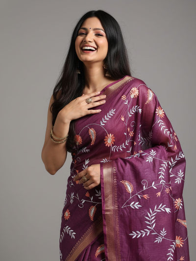 Bold Silk Linen Embroidered Purple Saree