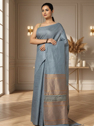 Luminous Pure Eri Tussar Silk Gray Saree