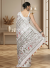 Azureish Slub Linen Saree White Handblock Print