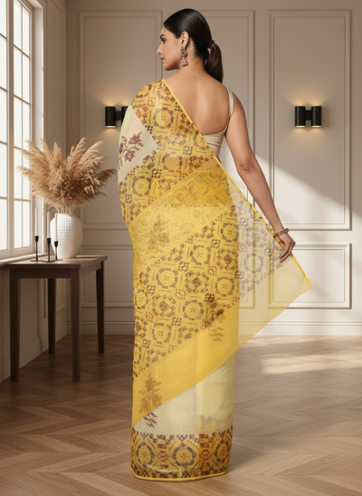 Earthy Kota Doria Blockprinted Yellow Saree