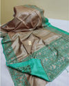 Silkmark Certified Pure Tussar Cutwork Brown & Green Saree