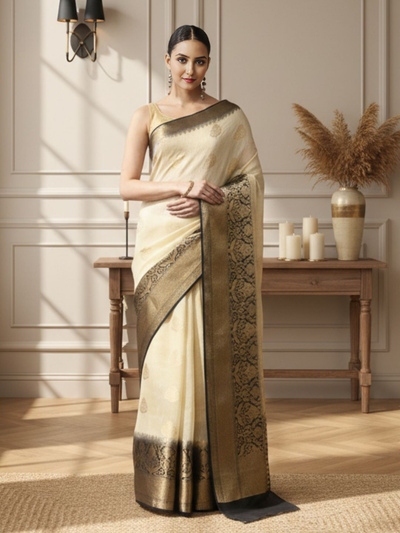 Silk Linen Weaving Design Jacquard Handloom Saree Cream Color with Running Blouse-Indiehaat