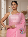 Bold Kota Doria Cotton Bird Embroidery Pink Saree Handdyed