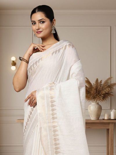 Handcrafted Gleaming Kota Silk White Jacquard Saree