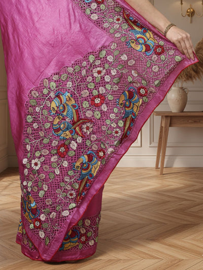 Silkmark Certified Elegant Pure Tussar Cutwork Dark Magenta Saree