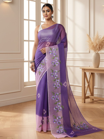 Bold Bandhej Kota Doria Embroidery Purple Saree Handdyed
