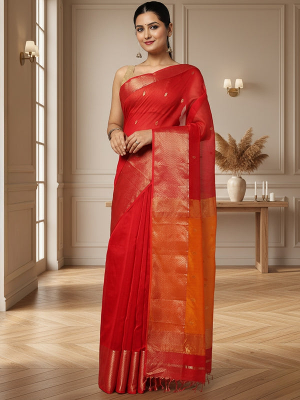 Vibrant Maheshwari Silk Pure Handloom Saree Red