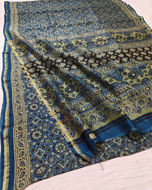 Indiehaat | Chanderi Silk Ajrakh Print Saree Blue