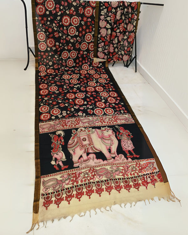 Indiehaat | Mangalagiri Handpainted Silk Saree Black