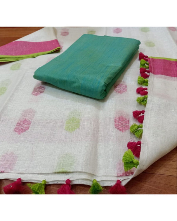 Pure Linen Unique White Dupatta & Katan Silk Green Top Set