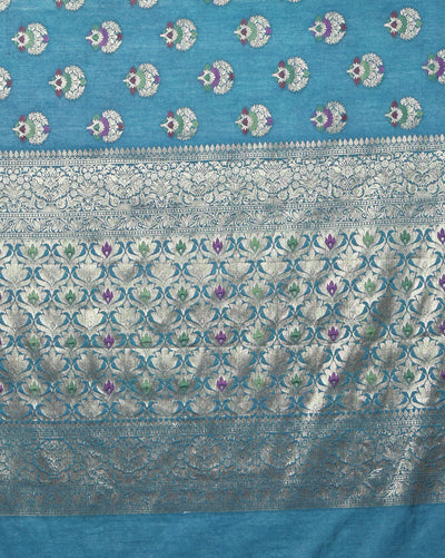 Silkmark Certified Tussar Moonga Banarasi Silk Saree Blue Color with running blouse-Indiehaat
