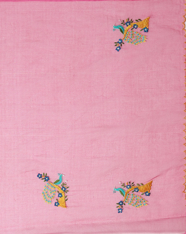 Brilliant Rose Pink Pure Kota Doria Saree Embroidered