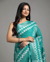 Turquoise Slub Linen Saree Batik Print Turquoise Blue